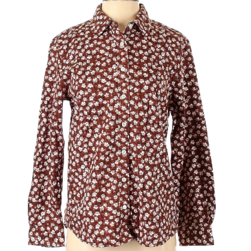 Land's‎ End Women's Cotton Brown Shirt Ditsy White & Pink Flowers Size M (10-12)